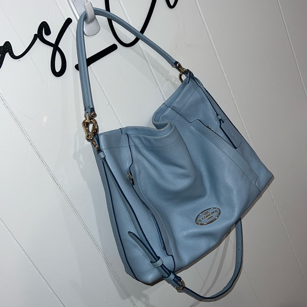COACH Light Blue Leather 2 Way Shoulder Bag with Crossbody Strap EUC - Picture 2 of 16